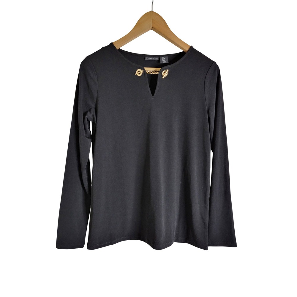Tahari Womens Black Long Sleeve Gold Chain Split Neck Top Sz S Business Casual